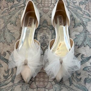 Badgley Mischka White Big Bow Beaded Bridal Flat Shoes